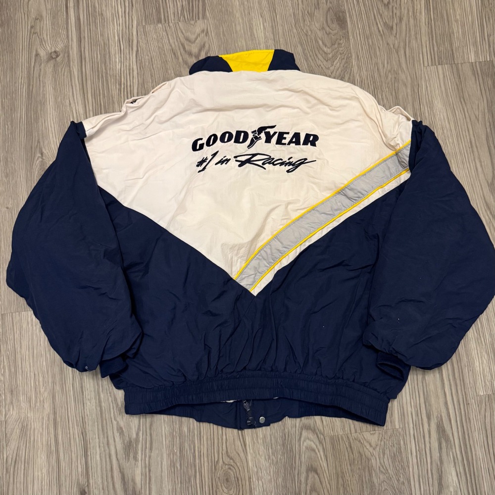 Vintage 90s Goodyear Racing Bomber Jacket Navy White XXL Made in USA